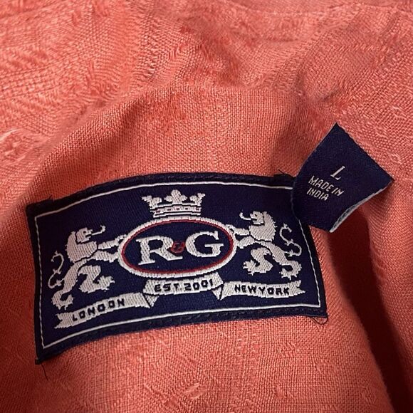 R&G Robert Graham Large 100% Linen Shirt Short Sleeve Geometric Embroidered Pink - Picture 3 of 4